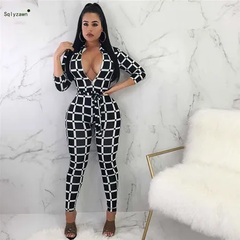 

Sexy Black and White Checkerboard Colorblock Jumpsuit Women V Neck Long Sleeve Fall Romper Bandage Belt Skinny Overall Plus Size