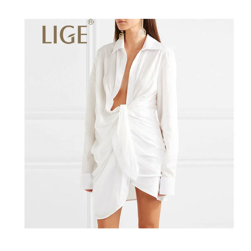 LIGE 2019 летние новые женские топы и блузки с длинными рукавами Необычные морщины