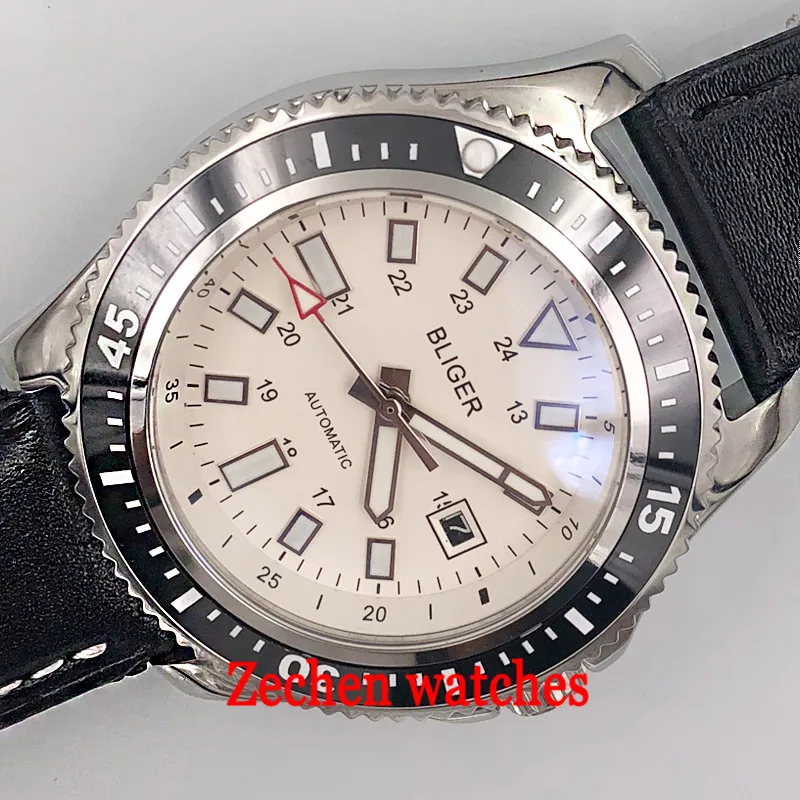44mm bliger sterile white dial black ceramic bezel date window Automatic mens Watch