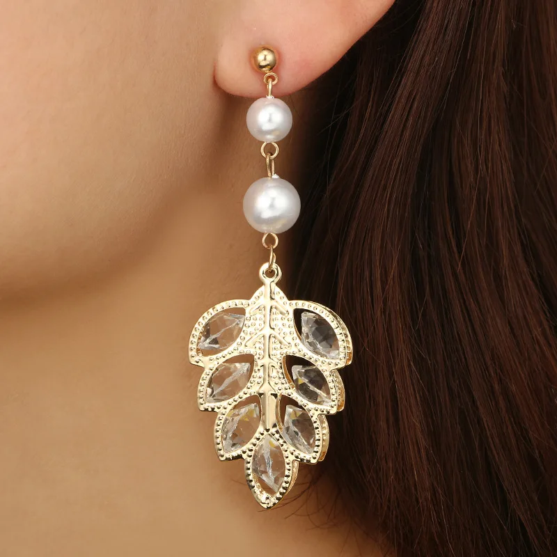 MESTILO Fashion Delicate Pearls Earring Gold Sliver Metal Hollow Leaf Crystal Long Drop Earrings For Women Party Wedding Jewelry | Украшения