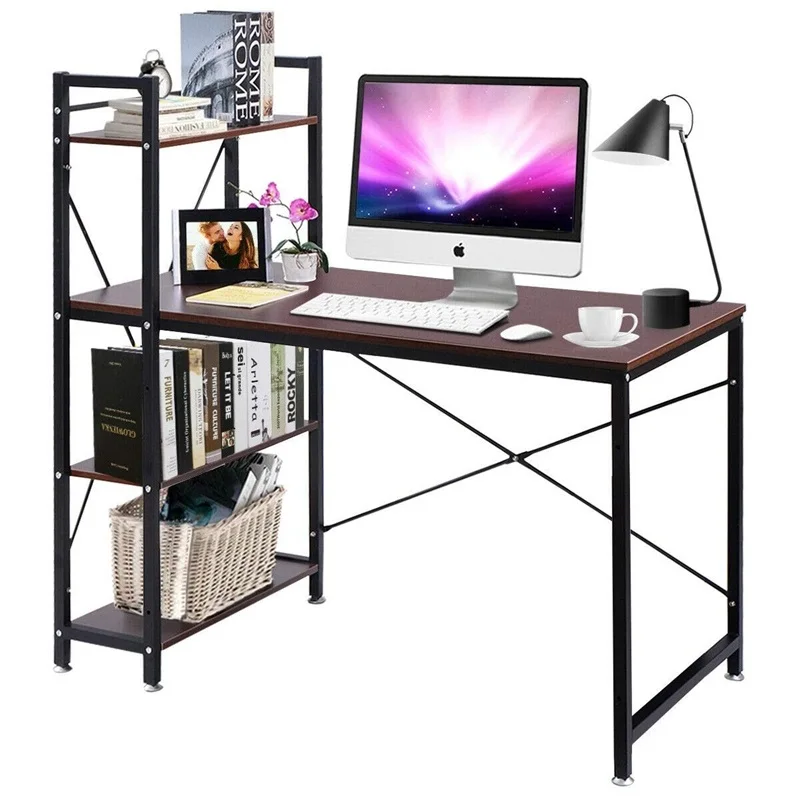 4 Tier Storage Shelves Computer Desk Black Brown Home Office Mdf