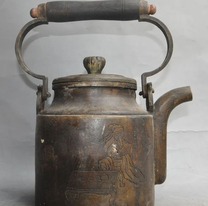 11" old chinese Antique pure bronze carved People statue teapot Kettle Tea maker