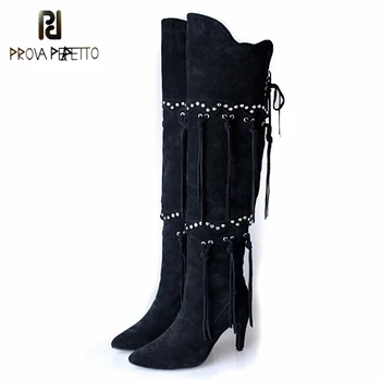 Prova Perfetto High Quality Real Cow Suede Thin Heel Over The Knee Boots Fashion Solid Fringe Zipper Pointed Toe High Heels Boot
Prova Perfetto High Quality Real Cow Suede Thin Heel Over The Knee Boots Fashion Solid Fringe Zipper Pointed Toe High Heels Boot