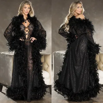 Luxurious Black Night Robe Custom Made Long Sleeve Feathers Lace Sequined Party Sleepwear Sexy Nightgowns Robes 2019
Luxurious Black Night Robe Custom Made Long Sleeve Feathers Lace Sequined Party Sleepwear Sexy Nightgowns Robes 2019