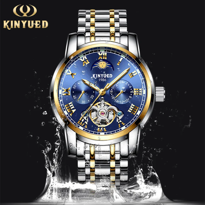 Фото KINYUED Moon Phase Mechanical Watches Waterproof Mens Gold Automatic Skeleton Watch Calendar Male Stainless Steel Reloj Hombre | Наручные