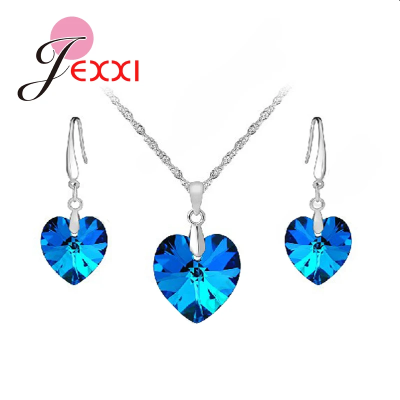 Фото Hottest Jewely Sets 18" Blue Austrian Crystal Genuine 925 Sterling Silver Ocean Sea Heart Statement Women Party Love Gift  Украшения | Ювелирные наборы (32651892016)