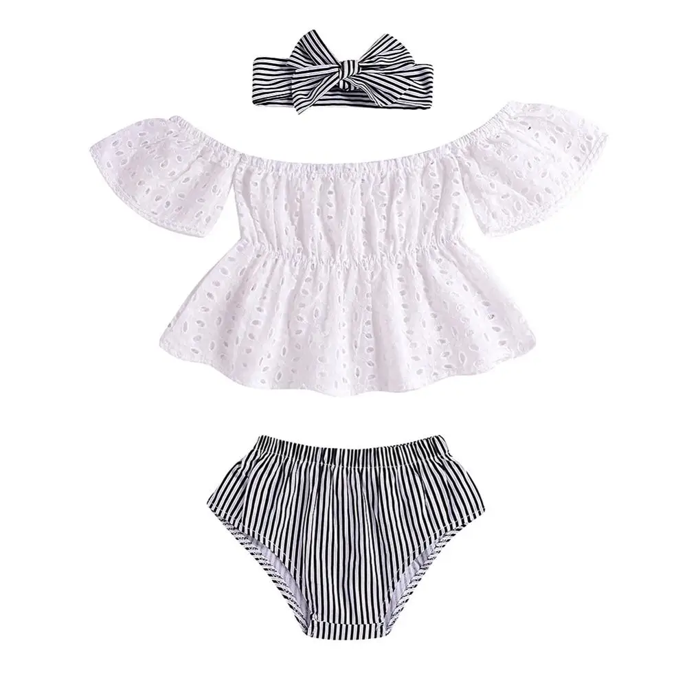 Baby Girl Outfits Set Off-shoulder Hollow Design Top T-shirt+Striped PP Shorts+Headband 3 Pcs Infant Clothes 0-24M
Baby Girl Outfits Set Off-shoulder Hollow Design Top T-shirt+Striped PP Shorts+Headband 3 Pcs Infant Clothes 0-24M
