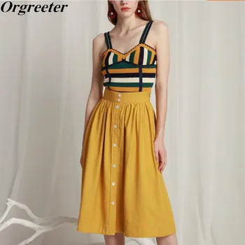 2020 Summer New Coloured Striped Knitted Yellow Sleeveless Vest Top + Button Skirt Suits Womens Holiday Beach 2 Piece Sets
2020 Summer New Coloured Striped Knitted Yellow Sleeveless Vest Top + Button Skirt Suits Womens Holiday Beach 2 Piece Sets