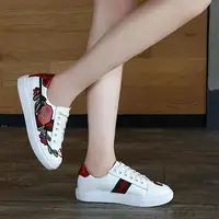 2018 White Spring Flower Printed Sneakers Women Casual Shoes Fashion Lace up Ladies Footwear Flat Summer Women Vulcanize Shoes image