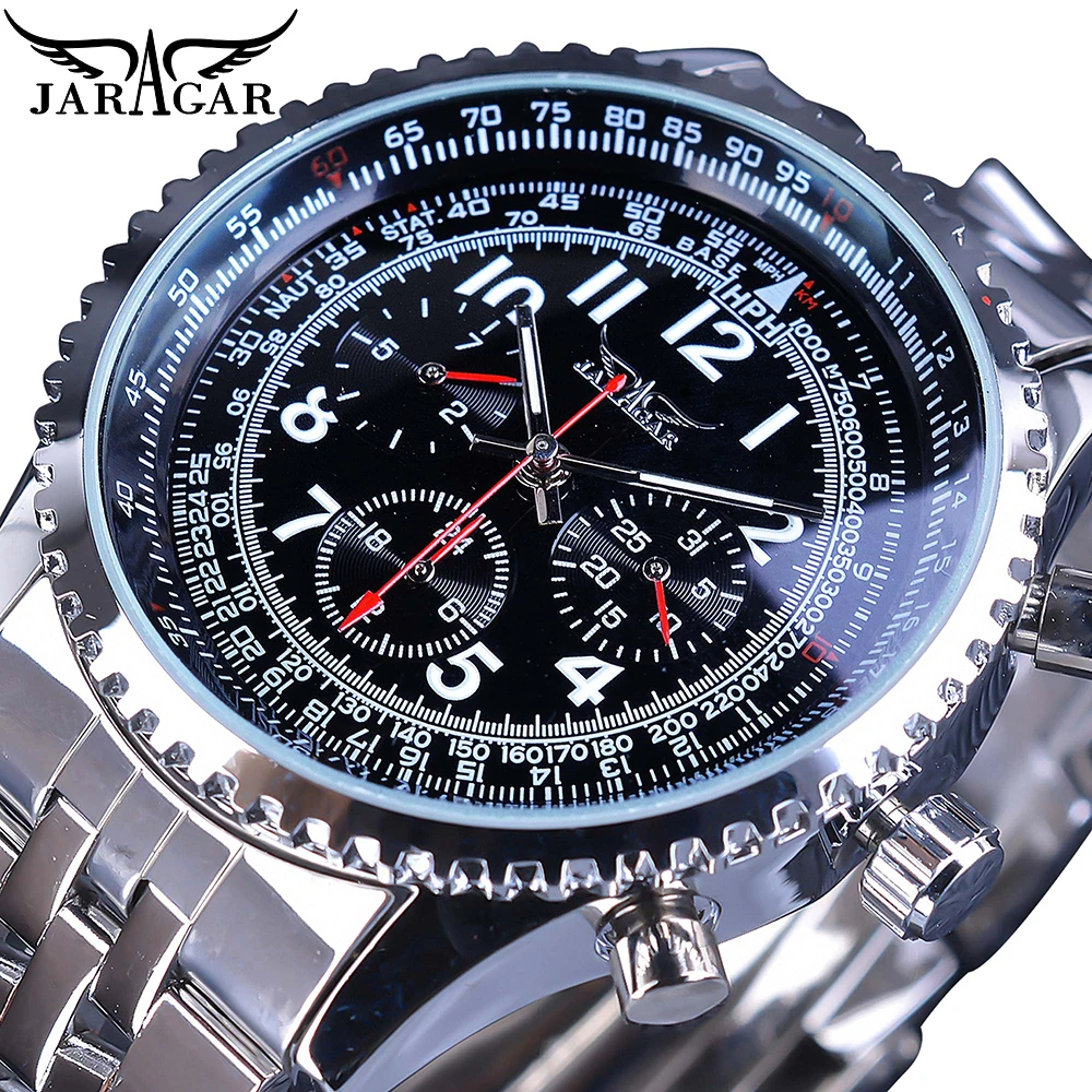 JARAGAR Aviator Mens Automatic Watch Silver Black 3 Dials Multi-function Date Mechanical Steel Strap Military Wristwatch Relogio
JARAGAR Aviator Mens Automatic Watch Silver Black 3 Dials Multi-function Date Mechanical Steel Strap Military Wristwatch Relogio