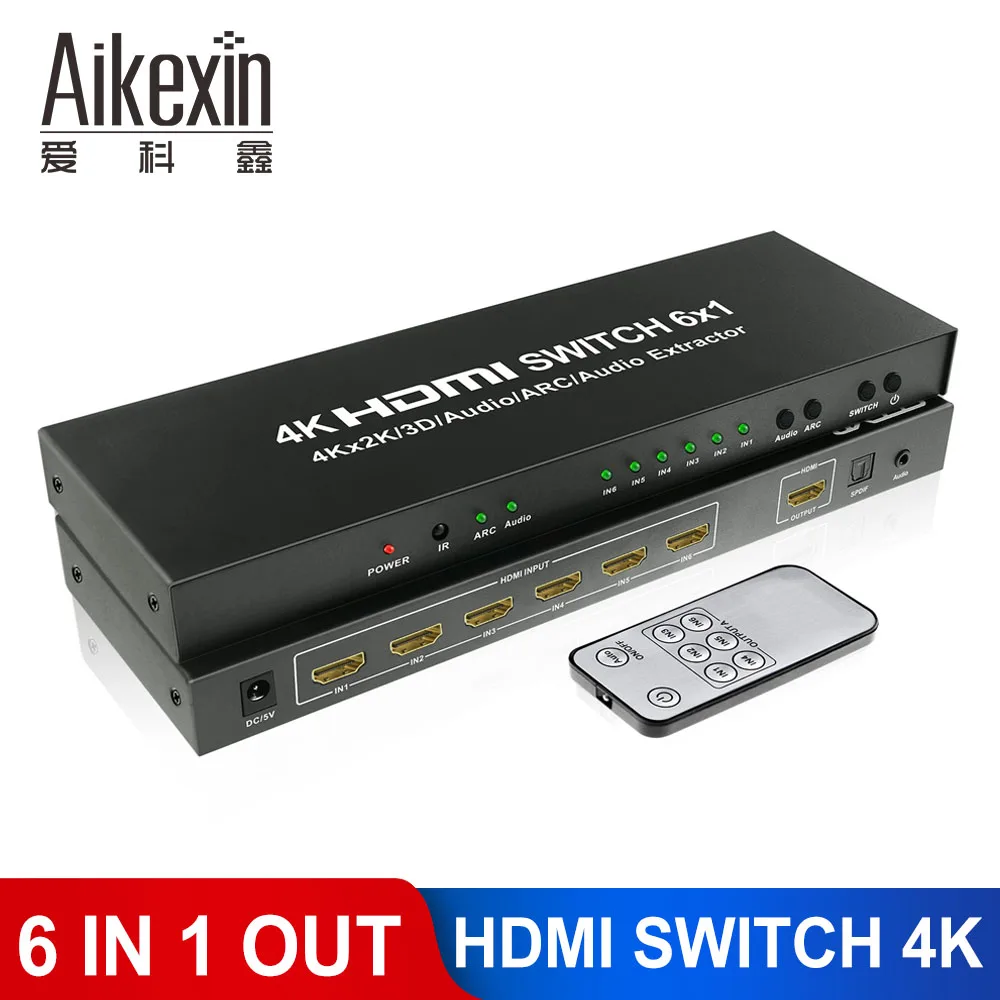 6 Port HDMI Switch with ARC Audio Extractor,HDMI Switch 6X1 4K HDMI Switcher 6 in 1 Out With IR Remote,Optical SPDIF 3.5mm Audio
6 Port HDMI Switch with ARC Audio Extractor,HDMI Switch 6X1 4K HDMI Switcher 6 in 1 Out With IR Remote,Optical SPDIF 3.5mm Audio
