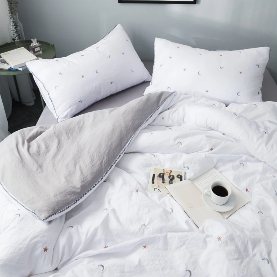 White Duvet Cover Star Moon Embroidered Washed Cotton Bedding Sets