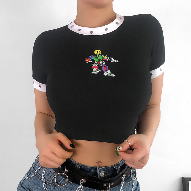 Rockmore Black Cotton Cartoon Printed Button O-Neck Women T-Shirt Streetwear Tight Shirts Short Sleeve Casual Female Tops
Rockmore Black Cotton Cartoon Printed Button O-Neck Women T-Shirt Streetwear Tight Shirts Short Sleeve Casual Female Tops