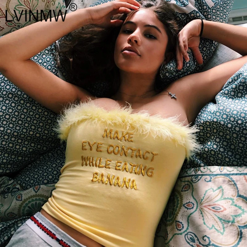 LVINMW Sexy Solid Fleece Fur Letter Embroidery Slash Neck Crop Top 2019 Summer Women Off Shoulder sleeveless Tube Top Streetwear
LVINMW Sexy Solid Fleece Fur Letter Embroidery Slash Neck Crop Top 2019 Summer Women Off Shoulder sleeveless Tube Top Streetwear