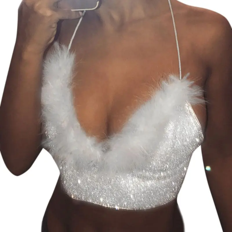 Women Sexy Halter Deep V-Neck Crop Top Glitter Sequins Fluffy Patchwork Bralette Bustier Backless Spaghetti Strap Camisole
Women Sexy Halter Deep V-Neck Crop Top Glitter Sequins Fluffy Patchwork Bralette Bustier Backless Spaghetti Strap Camisole