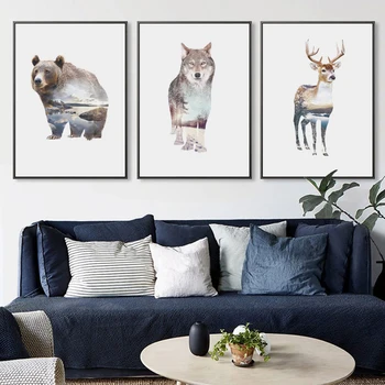

Nordic Landscape Silhouette Deer Canvas Art Posters and Prints Wall Art Picture Bear Owl Fox Painting Modern Home Decoration