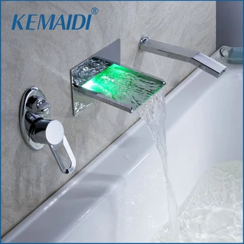 

KEMAIDI Wall Mounted Waterfall Faucets Mixers Water Power LED Basin Mixer Chrome Pull Out Taps Handle Shower Bathtub LED Faucet