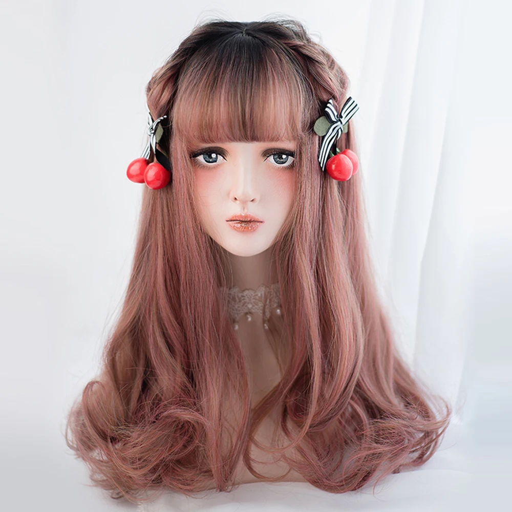 

Lolita 50CM Long Black Mixed Light Brown Curly Daily Cosplay Synthetic Full Wig With Bang+Wig Cap Heat Resistant H762346