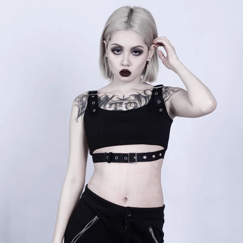 Women black Rock and roll style buckle vest high street Crop Top high waist vest Tank Top summer slim fit hollow top
Women black Rock and roll style buckle vest high street Crop Top high waist vest Tank Top summer slim fit hollow top