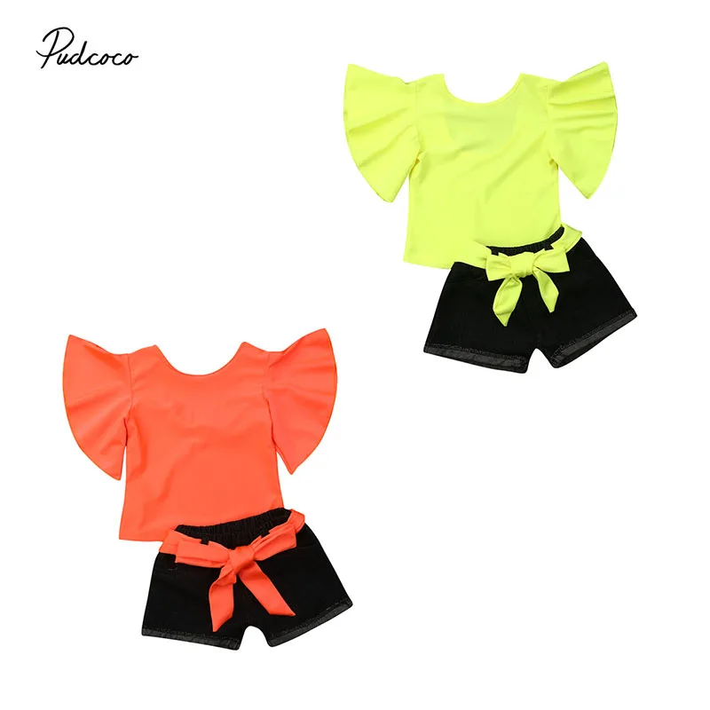 2019 Brand 2PCS Infant Baby Girl Clothes Kid New Fashion Fluorescent Pagoda Sleeve Ruffle Tops+Denim Shorts Belt 2Pcs Outfit Set
2019 Brand 2PCS Infant Baby Girl Clothes Kid New Fashion Fluorescent Pagoda Sleeve Ruffle Tops+Denim Shorts Belt 2Pcs Outfit Set
