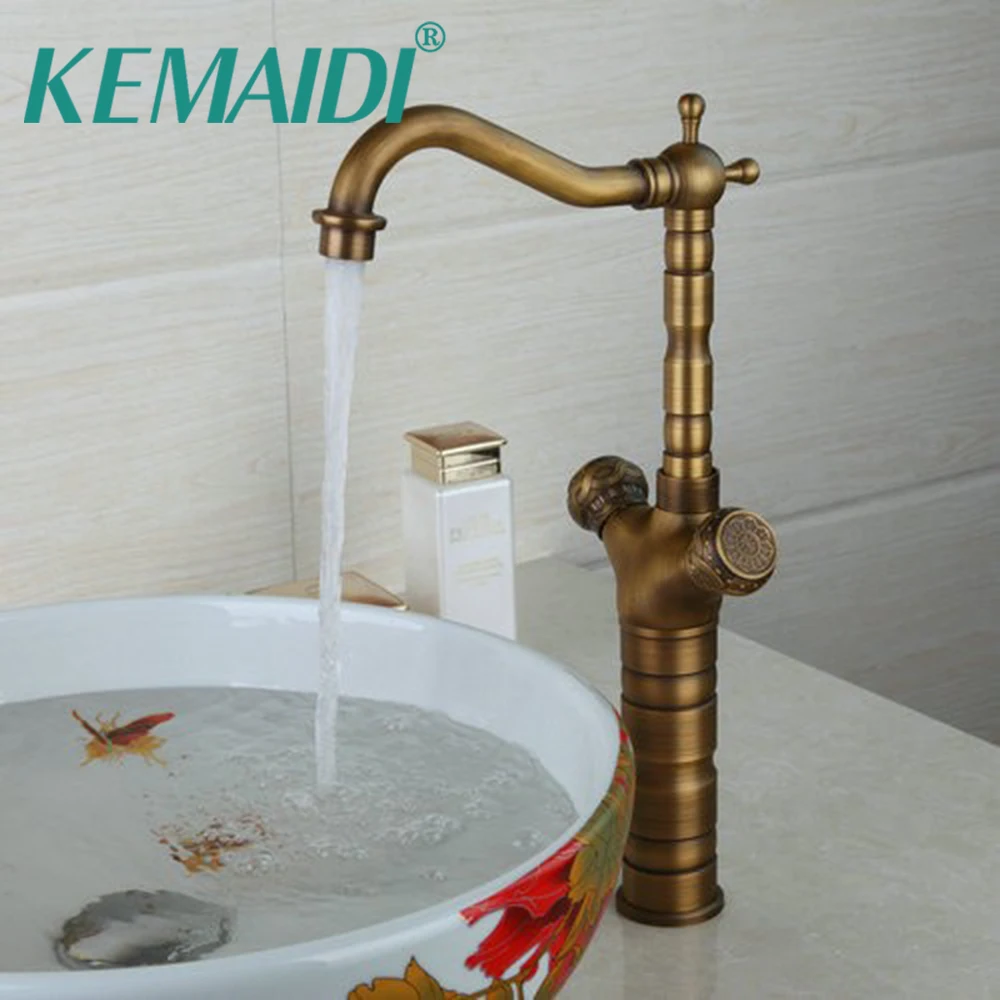 

KEMAIDI Bathroom Deck Mounted Tap Sink Mixer Faucet Tall Antique Brass Double Handles Wash next Basin Faucets