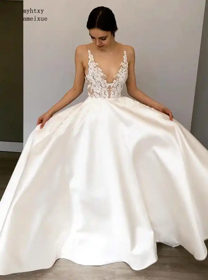 Princess Wedding Dresses 2019 Illusion Top Lace Smooth Satin Beach
