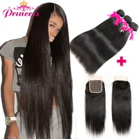 Beautiful Princess Peruvian Straight Hair 3 Bundles With Closure Double Weft Remy Human Hair Bundles With Lace Closure image