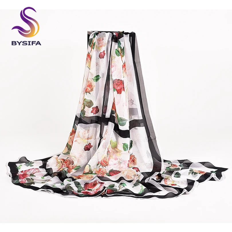 

[BYSIFA] Women Luxury 100% Silk Scarf Shawl New Brand Long Scarves Elegant Roses Black White Ladies Scarves Foulard 180*110cm