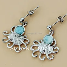 Cute Larimar Natural Stone round Octopus Earrings Silver Plated Sell Unique Design R3546 Best Sellers Time limited discount Rock