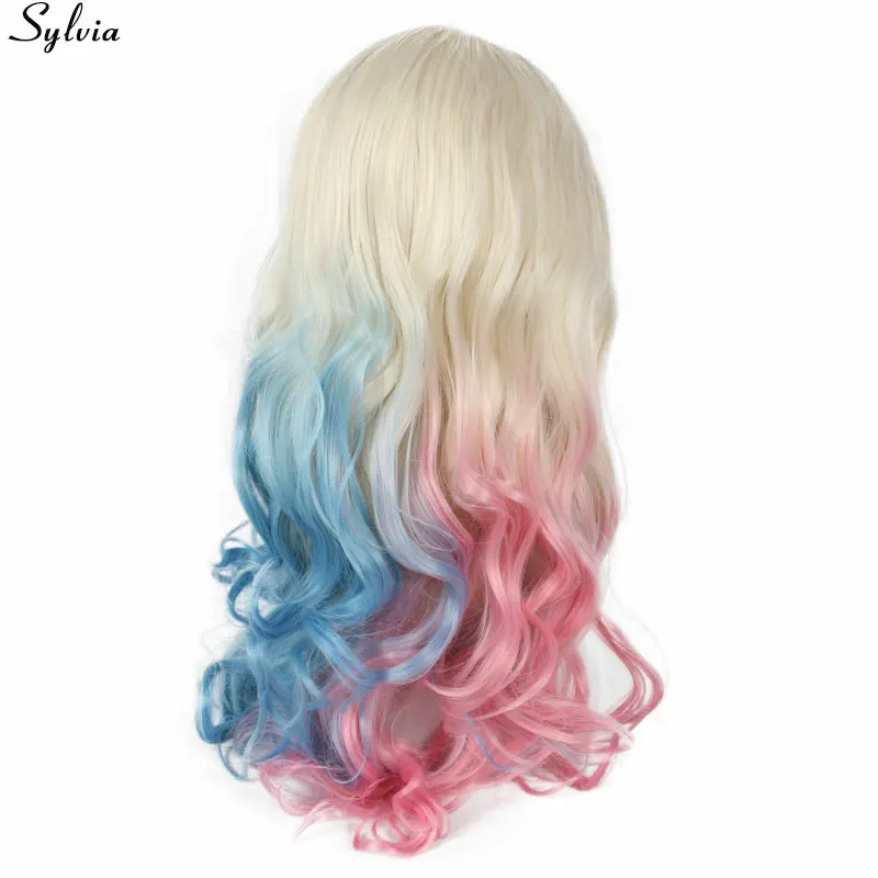 

Sylvia Long Blonde Ombre Half Blue/Half Pink Wigs Synthetic Lace Front Wig Heat Resistant Hair Cosplay Party Hairstyle Deep Wave