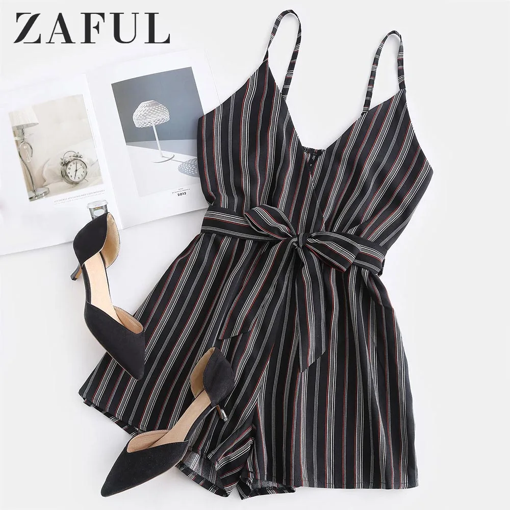 

ZAFUL Cami Striped Surplice Romper Women Clothing 2019 Summer Boho Spaghetti Strap Sleeveless Belt Palysuits Ladies Overalls