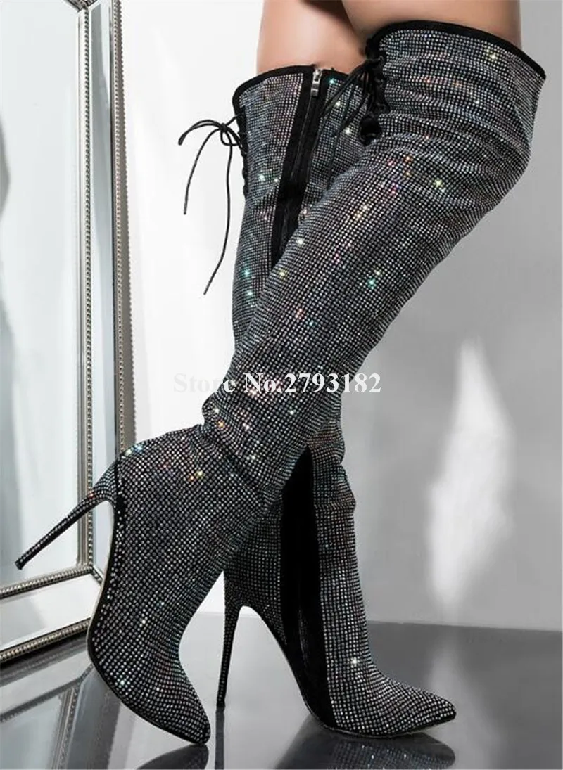 

Women Bling Bling Sexy Pointed Toe Rhinestone Over Knee Thin Heel Boots Lace-up Black Crystal Long High Heel Boots Club Shoes