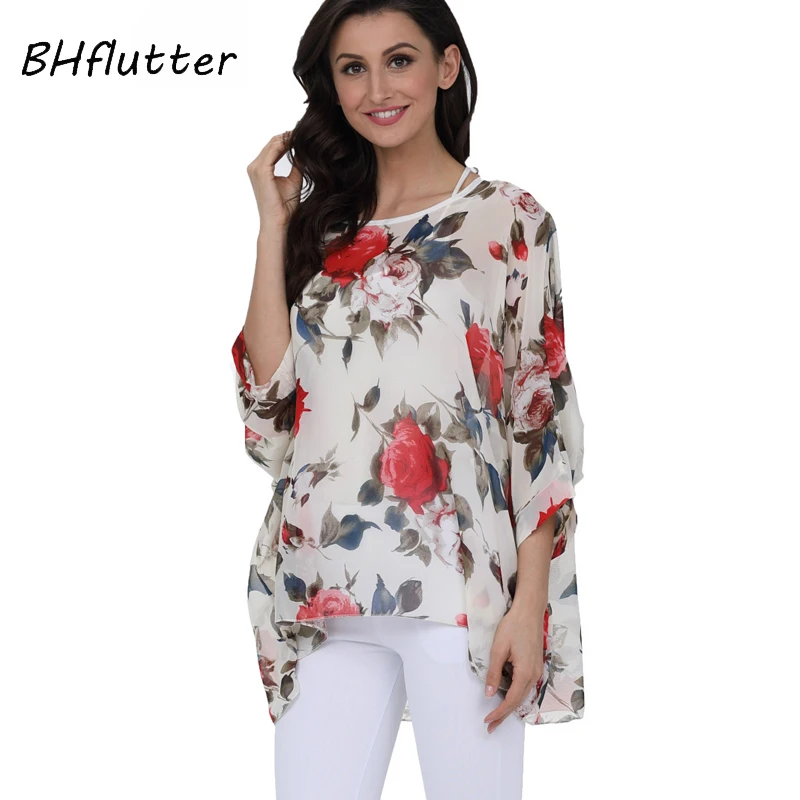 Женская шифоновая блузка с рукавом летучая мышь и цветочным принтом|blusas plus|blusas