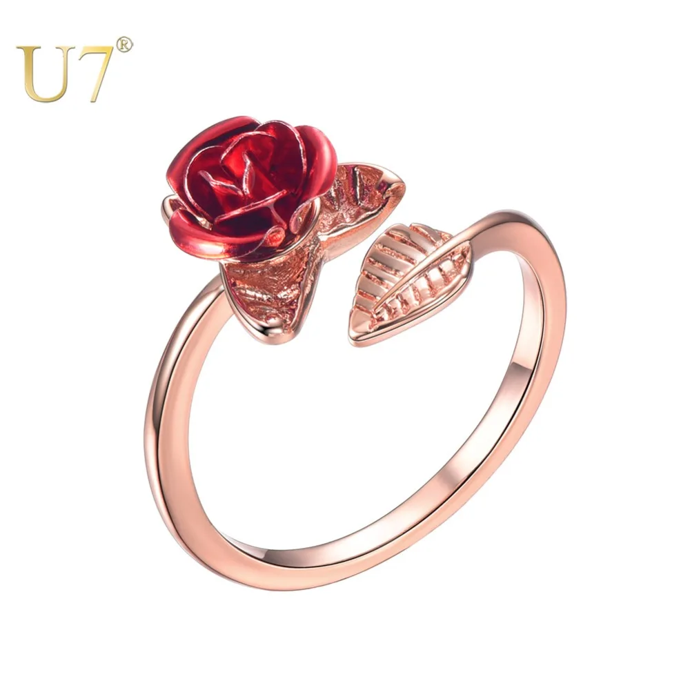 Кольцо U7 с маленькой розой и цветком кольцо листьями цветами регулируемое