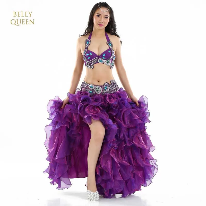 2018 New Women Belly Dance Costumes BlueWhitePurple 3PCS(Bra+Skirts+Belt) Saia Vestido Indiano Fan Dance Party Dress (1)