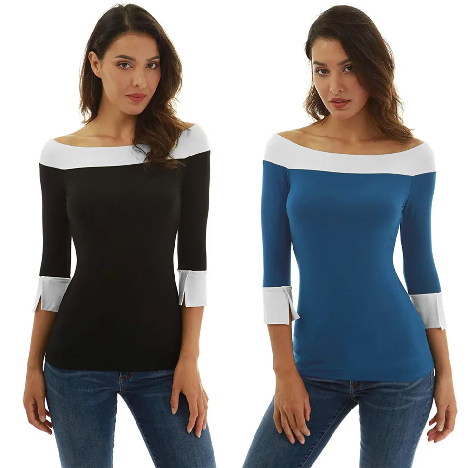 Women T-Shirts Color Matching Patchwork Design Slash Neck Three Quarter Sleeve Top Office Lady Autumn Slim Shirts
Women T-Shirts Color Matching Patchwork Design Slash Neck Three Quarter Sleeve Top Office Lady Autumn Slim Shirts