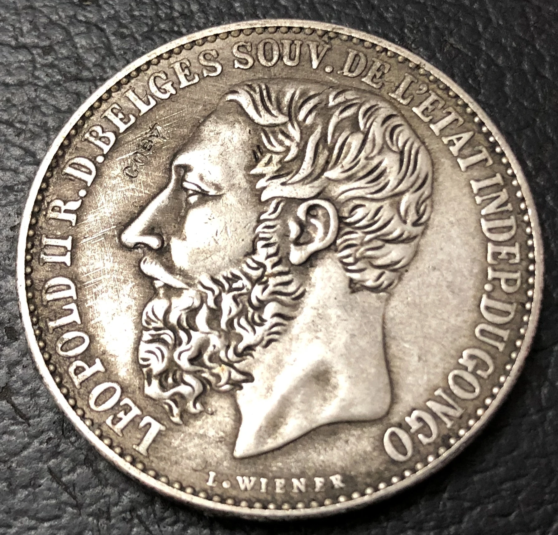 1894 Congo free state 5 Francs - Leopold II ("R.D. BELGES") Copy Silver plated Coin
1894 Congo free state 5 Francs - Leopold II ("R.D. BELGES") Copy Silver plated Coin