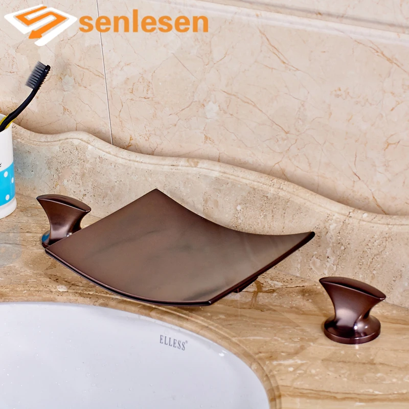 High Quality Waterfall Spout Basin Water Taps Dual Handles Deck Mounted Bathroom Faucet