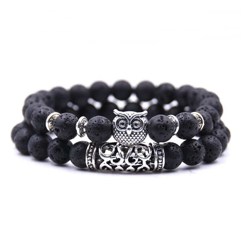 HONEYYIYI 2pcs/set 8mm Natural Stone Tiger eyes Beads Owl Charm Bracelet Men jewelry For Women pulseiras | Украшения и аксессуары