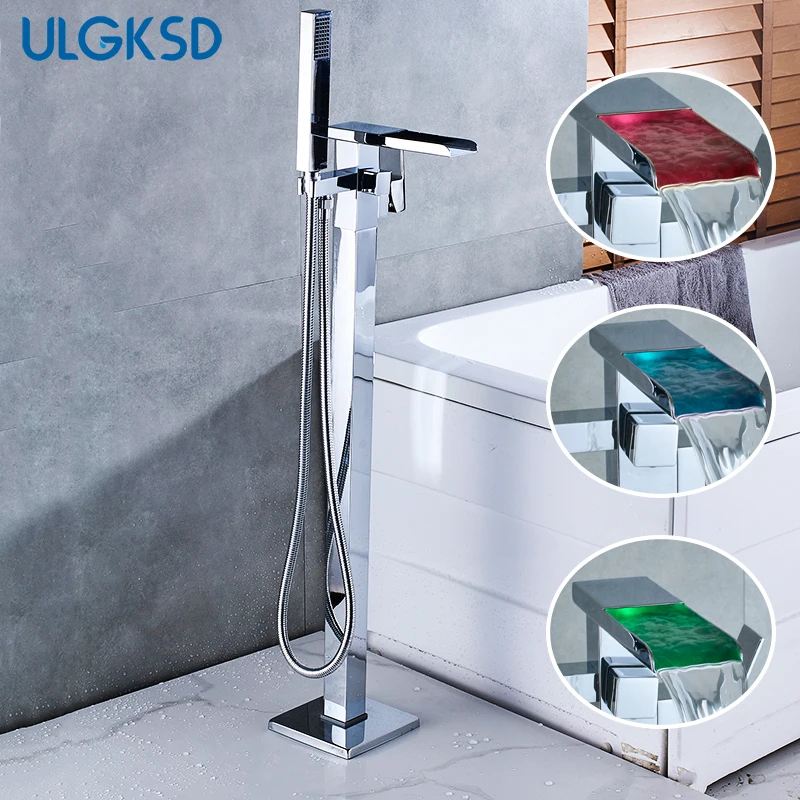 

ULGKSD Bathroom LED Waterfall Bathtub Faucet Chrome Floor Mount Tub Faucets W/ Hand Shower Cold and Hot Water Mixer Tap