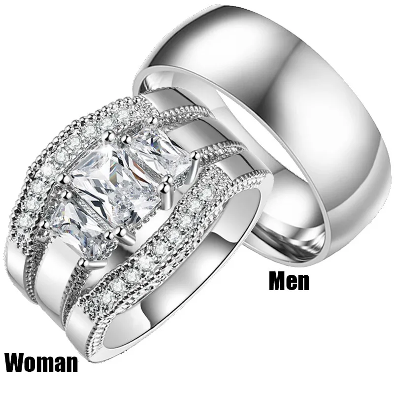 Womens 3pcs Princess Cut CZ Engagement Ring Sets , Mens 316L Stainless Steel Wedding Band Ring for Couple Gift
Womens 3pcs Princess Cut CZ Engagement Ring Sets , Mens 316L Stainless Steel Wedding Band Ring for Couple Gift