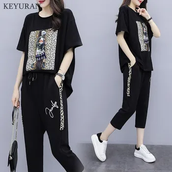 Plus Size 4xl Women's Summer Suit Leopard Beading Short Sleeve Loose T-Shirt Tops And Pants 2 Piece Set Female Leisure Tracksuit
Plus Size 4xl Women's Summer Suit Leopard Beading Short Sleeve Loose T-Shirt Tops And Pants 2 Piece Set Female Leisure Tracksuit