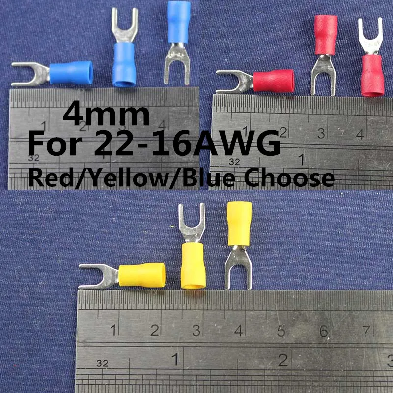 100Pcs 4mm Cold naked terminal Semi Insulated Fork Y-type Terminals Cable Wire Connector Crimp Spade for 22-16AWG Color choose
100Pcs 4mm Cold naked terminal Semi Insulated Fork Y-type Terminals Cable Wire Connector Crimp Spade for 22-16AWG Color choose