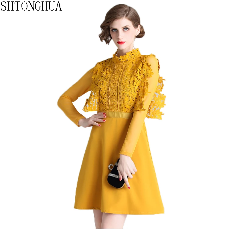 SHTONGHUA Patchwork Lace Dress Women's Long Sleeve Flower Water Soluble Lace Hollow Out Mini Dress stand collar yellow dress
SHTONGHUA Patchwork Lace Dress Women's Long Sleeve Flower Water Soluble Lace Hollow Out Mini Dress stand collar yellow dress