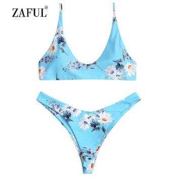 

ZAFUL Bikini Floral Bralette Swimwear Women High Cut Swimsuit Sexy Spaghetti Straps U Neck Thong Biquni Padded Bathing Suit