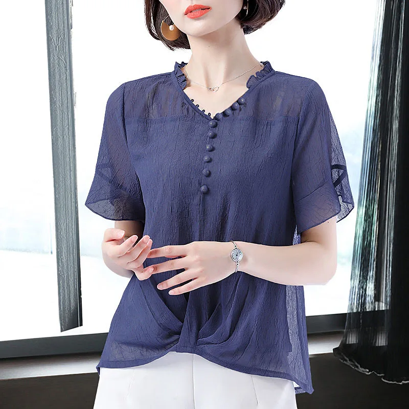 Women Spring Summer Style Chiffon Blouses Shirts Lady Casual Short Sleeve Beading Stand Collar Blusas Tops DD1869
Women Spring Summer Style Chiffon Blouses Shirts Lady Casual Short Sleeve Beading Stand Collar Blusas Tops DD1869