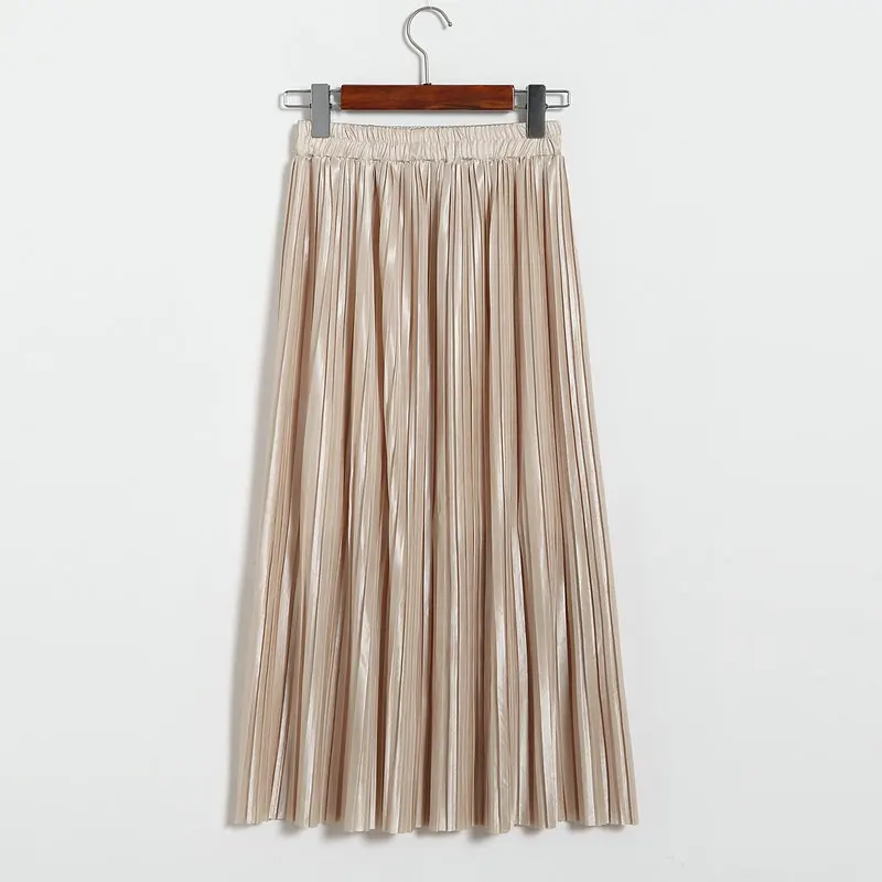 Lustrous pleated skirt metallic mid-length skirt for women of fall 2017 new Korean style joker long skirt (30)