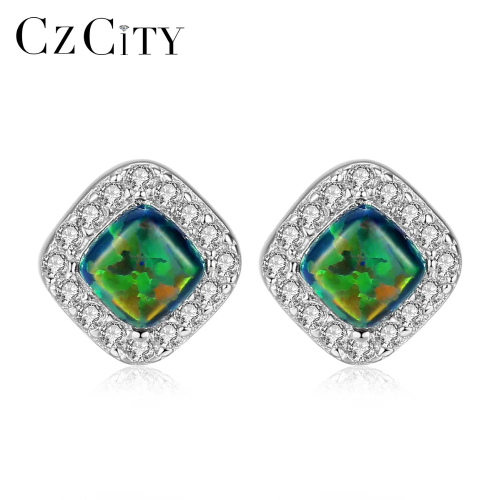 

CZCITY Authentic 925 Sterling Silver Fashion Jewelry Stud Earrings for Women Rhombus Shape Trendy Design Bohemian Opal Earrings