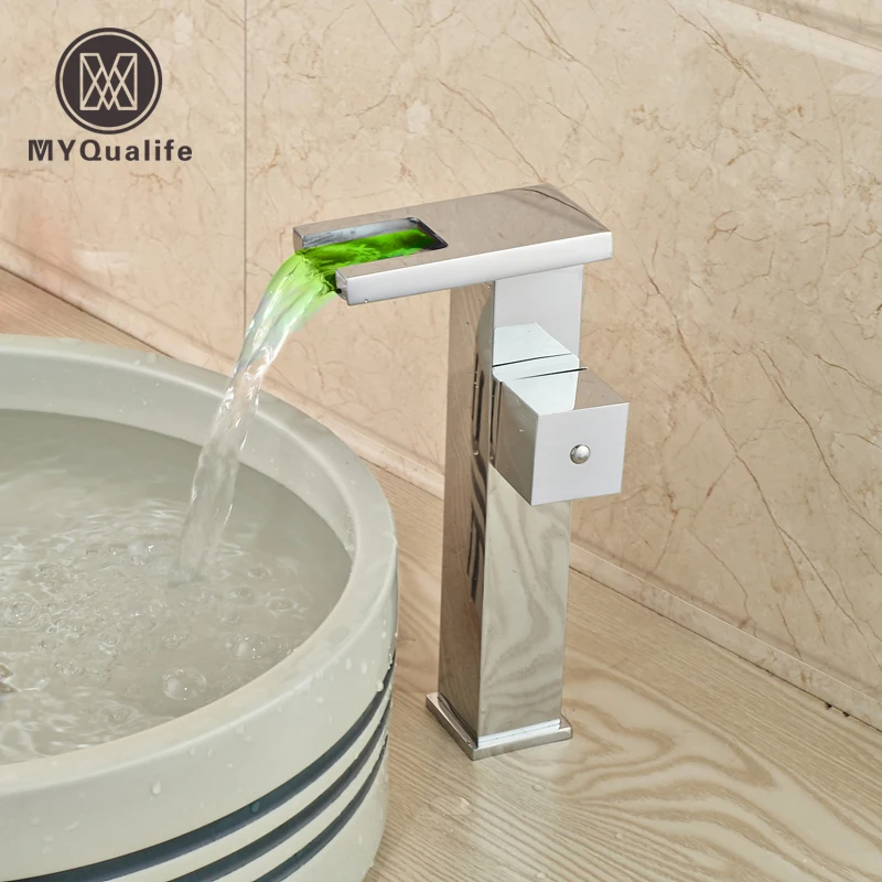 Chrome Square Handles LED light Waterfall Bathroom Sink Faucet Deck Mount Single Hole with Hot Cold Water Mixer Taps
Chrome Square Handles LED light Waterfall Bathroom Sink Faucet Deck Mount Single Hole with Hot Cold Water Mixer Taps