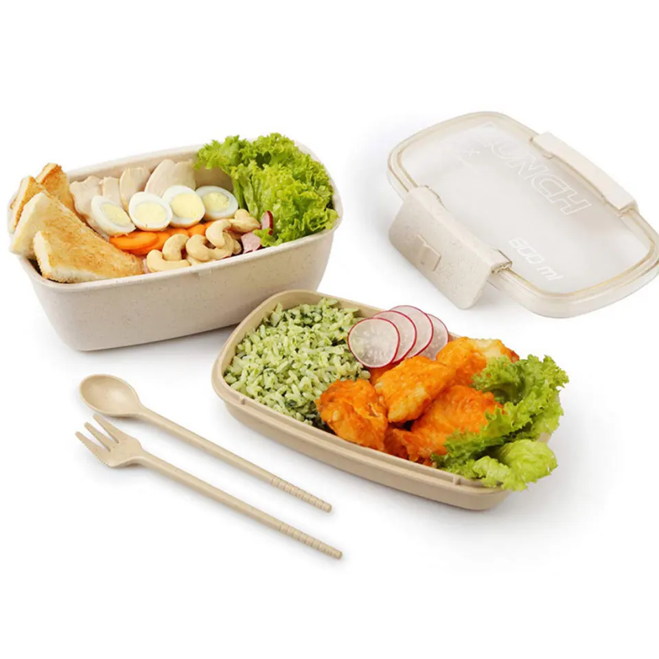 

800ml Food Container Eco-Friendly Wheat Straw Lunch Box Double Layer Locking Buckle Leakproof Bento Box School Office Meal Prep